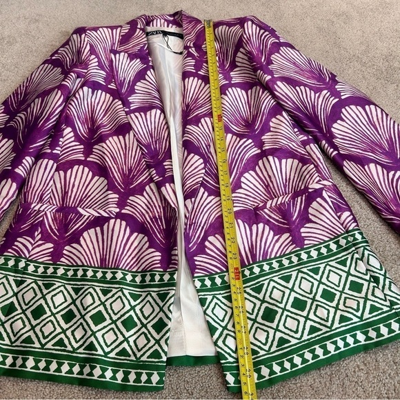 Zara fuchsia purple green printed satin open front long sleeve lapel blazer S - Picture 9 of 13